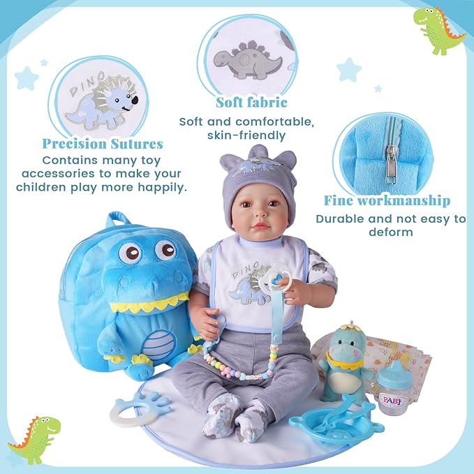 BABESIDE Baby Doll Accessories for 17-22 Inch Dolls – 18 Piecs Dinosaur Reborn Baby Doll Accessories Set with Baby Doll Clothes, Backpack, Feeding Set, Birthday Gift for Boys & Girls