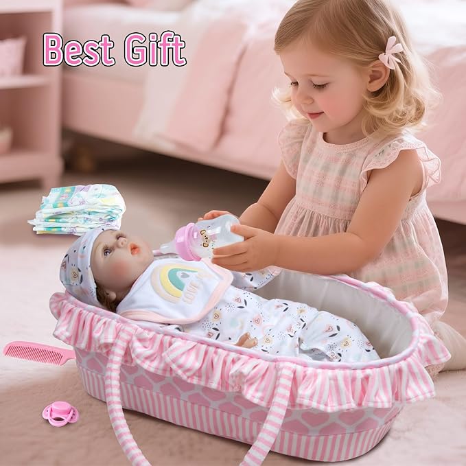 13 Pcs Baby Doll Accessories Set for 17-22 Inch Girl Baby Dolls, Reborn Baby Doll Clothes with Heart Bassinet Pink Basket Newborn Doll Outfits Kids Pretend Play Set