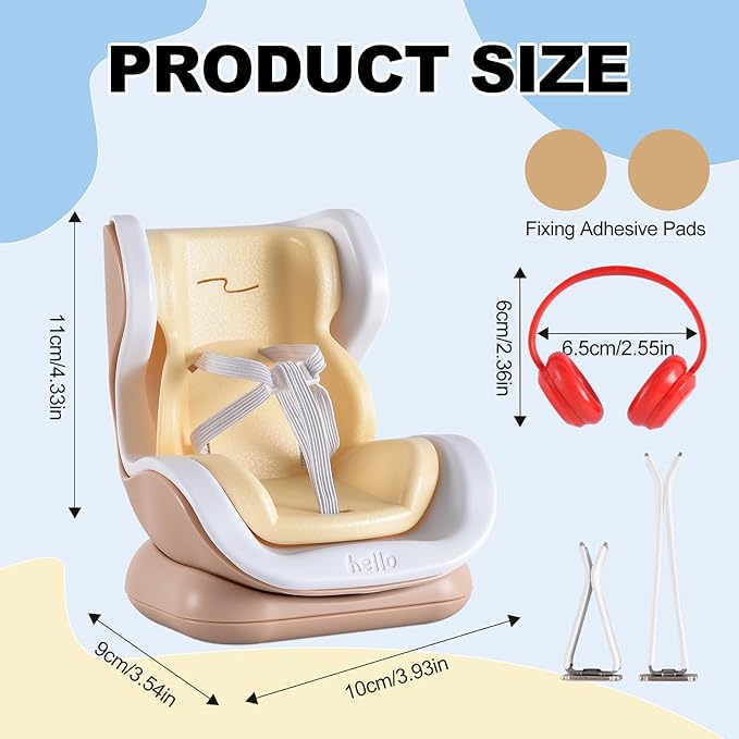 Doll Car Seat, Car Seat for 10-17cm Dolls, Including Air Vent Clip, Desktop Stand, Adjustable Strap, Airflow-Friendly Design, Ideal Car Decor Gifts(Brown White)