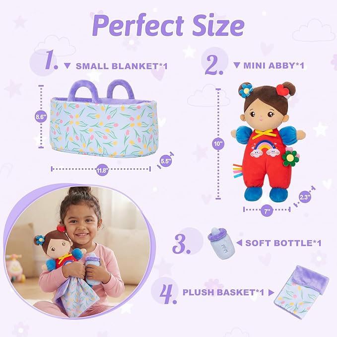 OUOZZZ 10" Soft Baby Doll Set, Hispanic Baby Doll Accessories Pretend Playset Doll for 2 Year Olds Girls Social Emotional Learning Birthday Gift for 2 Year Olds Girls