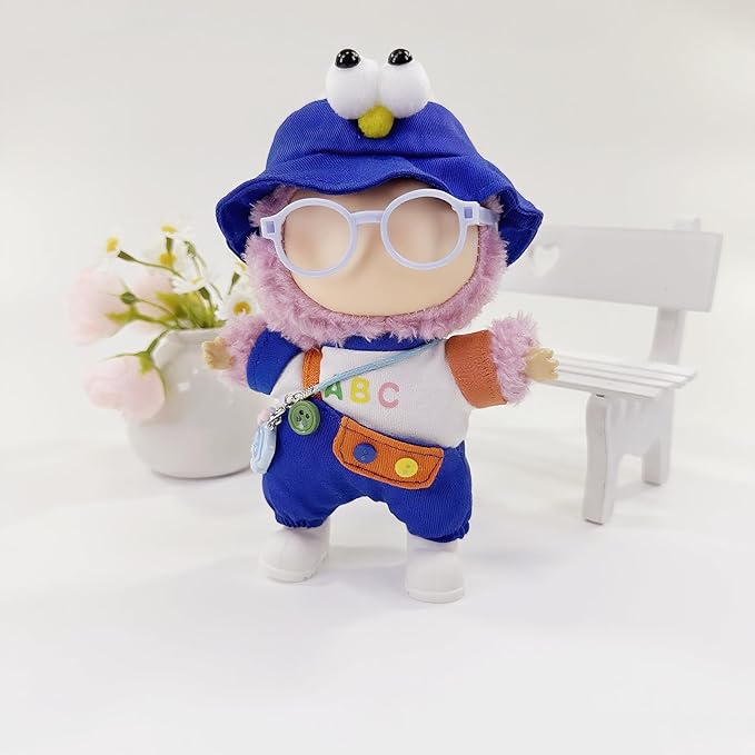 Stylish Adorable 17cm Dolls Clothes, 6PCS Doll Outfits Dress-Up with Hat + Top + Pants + Glasses + Shoes + Pendant Accessories (No Dolls) Blue