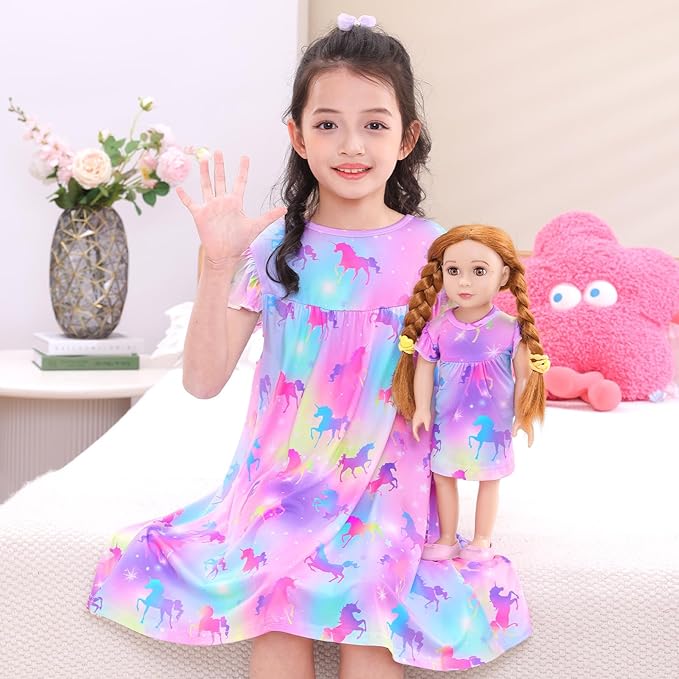 ICOSY Matching Doll & Girls Nightgowns Clothes Girls Pajamas Sleepwear Outfit for Kids and 18" Girl Doll