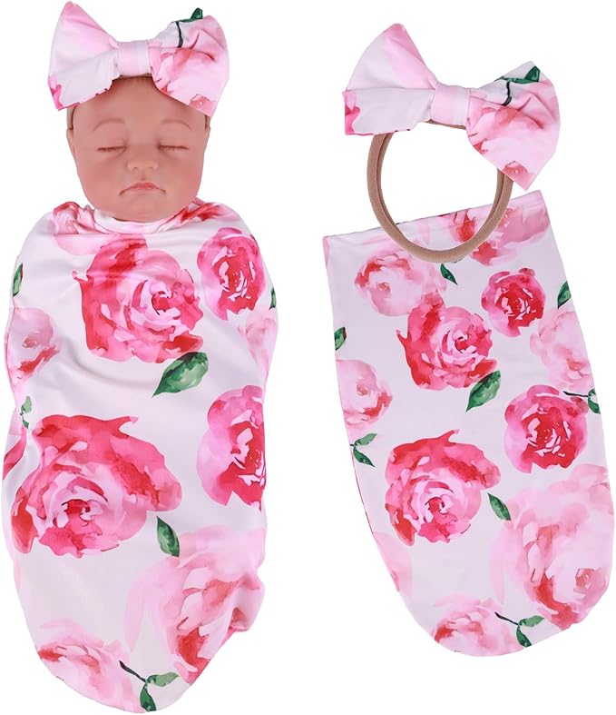 BABESIDE Reborn Baby Doll Blanket with Headband for 17-24 Inch Babydolls, Reborn Baby Doll Accessories Swaddle Blanket Set for Realistic Babydolls Girl, Pink Floral Pattern