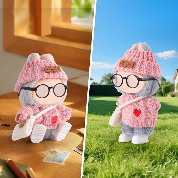 Doll Clothing for Labubu, Premium Outfits for Labubu Dressing up, Handcrafted Crochet Doll Accessories for Labubu with Sweater, Hat, Glasses, Small Bag, Boots(Pink)