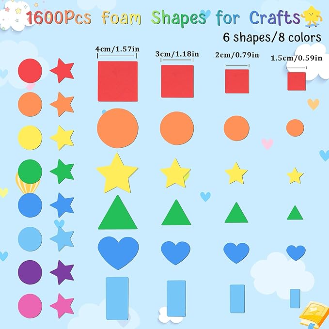 1600 Pcs Foam Stickers 16 Sheets Foam Shapes Sticker Self Adhesive,Star Sticker for Crafts Supplies Geometric Stickers for Crafts DIY Arts Project Star Heart Circle Triangle (16,Multicolor)