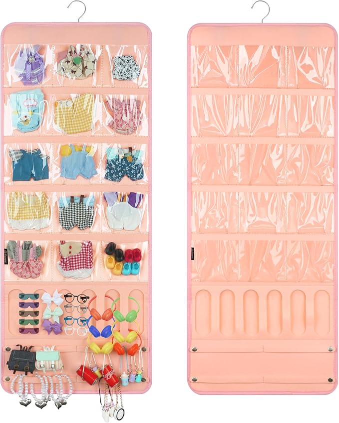 Hanging Doll Clothes Organizer,Doll Accessories Storage Holder,Doll Outfit Wall Display,15cm-17cm Dolls Outfit Holder(Not Include Any Accessories) (Pink)