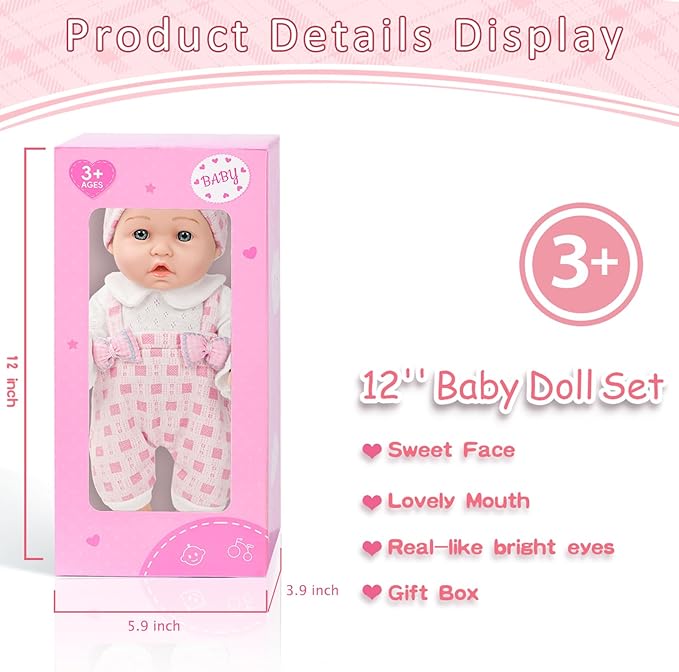 12" Girl Baby Doll Playset with Accessories and Clothes in Gift Box for Little Girls,12 Inch Small Realistic Baby Dolls Pacifier Bottle Pretend Baby Care Toy Set for Child Toddler 3+ Gift Collection