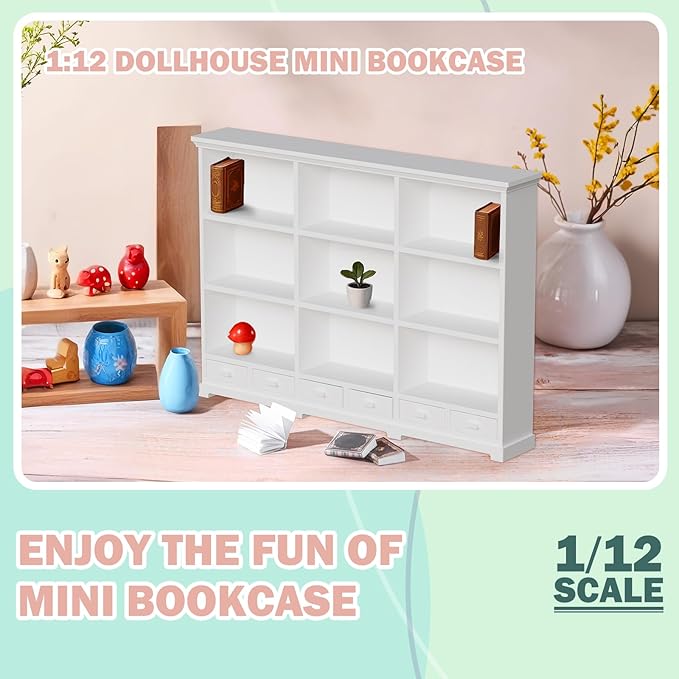 1:12 Scale Dollhouse Bookshelf, Multi-Functional Dollhouse Book Shelf for Displaying Mini Books and Accessories, Great Addition to Your Dollhouse Furniture Collection