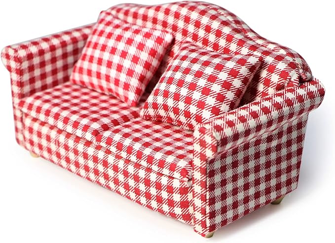 Dollhouse Couch Miniature Sofa with Pillows Dollhouse Living Room Funiture 1:12 Scale Model 3 Pcs High Simulation Upholstered Wooden Fabric Armchair Mini Room Artificial House Scene Decoration (Plaid)