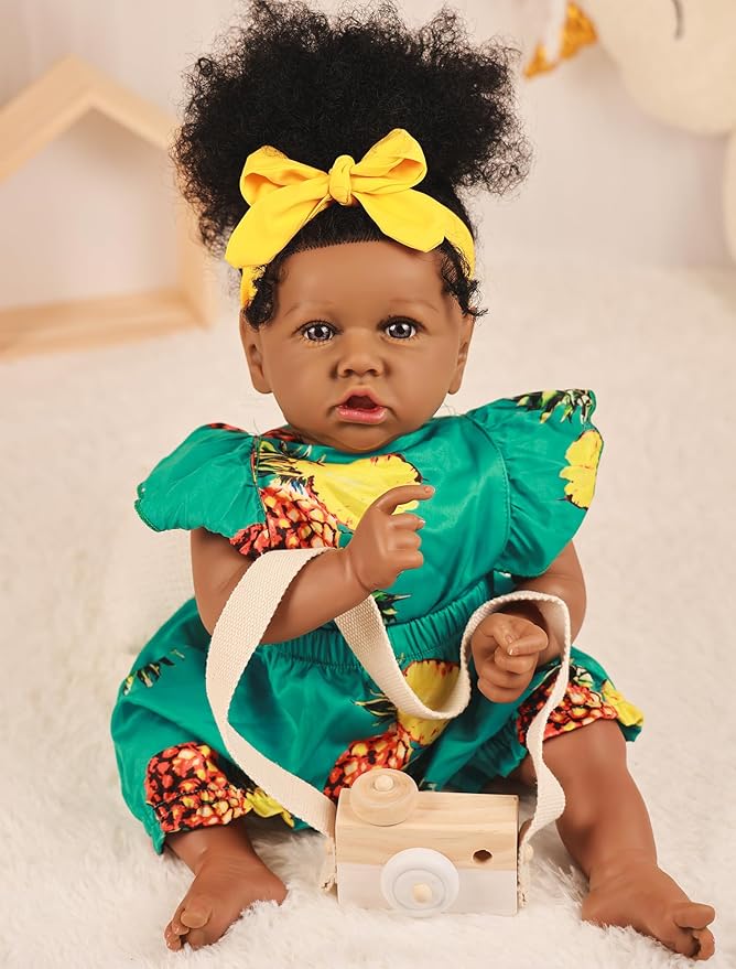 HOOMAI Reborn Baby Black Dolls African American Lifelike Silicone Doll Realistic 22.8 Inch with Cloth Body Birthday Gift Set for Ages 3+