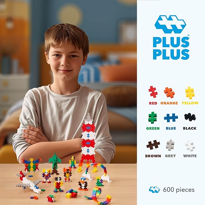 PLUS PLUS 600 Piece Interlocking Building Blocks for Kids, Open Ended Connecting Toys, STEM Bin Classroom Mini Manipulatives Play Tube - Basic Color Mix