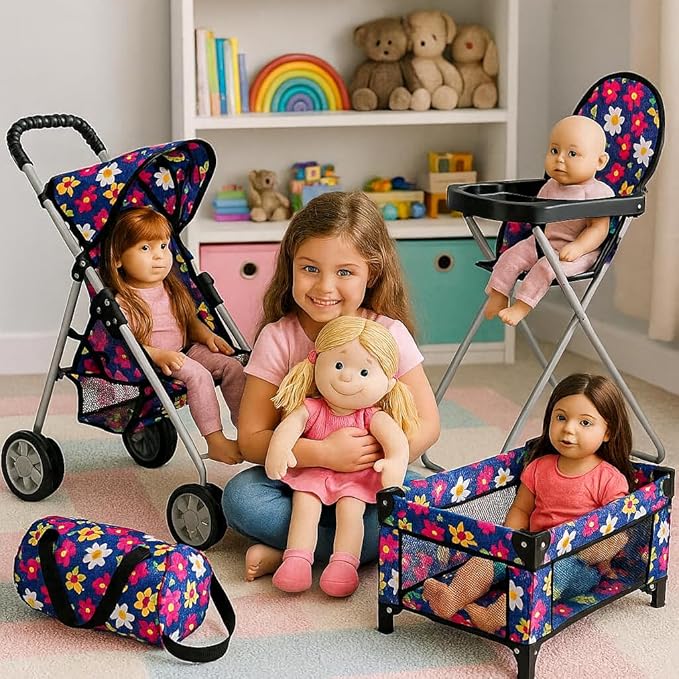 Fash n olor 3 Piece Baby Doll Play Set Flower Design Includes - Foldable Pack N Play, Baby Doll Stroller, Baby Doll High Chair, Fits Up to 18'' Dolls 3 Piece Doll Accessories Set, Best Gift for Girls