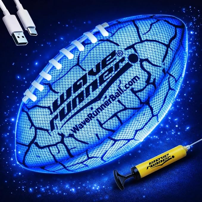 Wave Runner Glow in The Dark LED Football - Junior Size Waterproof Light Up Football, Type-C Rechargeable with Pump, Outdoor Sports Toy for Kids, Teens, and Adults