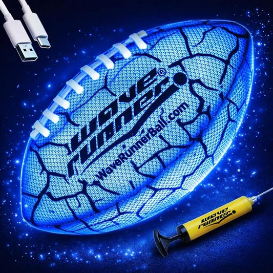 Wave Runner Glow in The Dark LED Football - Junior Size Waterproof Light Up Football, Type-C Rechargeable with Pump, Outdoor Sports Toy for Kids, Teens, and Adults