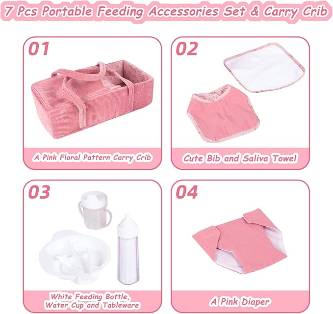 Rakki Dolli Doll Carrier Doll Carry Cot Doll Carry Crib Set with Feeding Utensils Feeding & Changing Accessaries 7 Pieces Set, Fits for 16-18 Inch American Girl Dolls