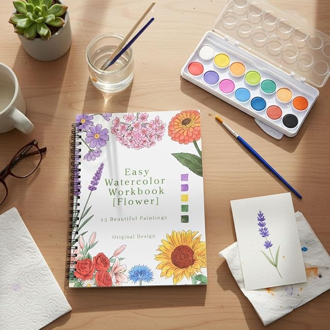 Watercolor Workbook,16 Colors Watercolor Paint Set with Brush Palette,15 Flower Patterns of Original DIY Designs,Beginner-Friendly Water Color Workbooks,Water Coloring Book for Adults