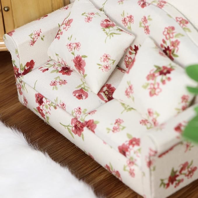 Dollhouse Couch Miniature Sofa with Pillows Dollhouse Living Room Funiture 1:12 Model 3 Pcs High Simulation Upholstered Armchair Mini Room Artificial House Scene Decoration (White Floral)