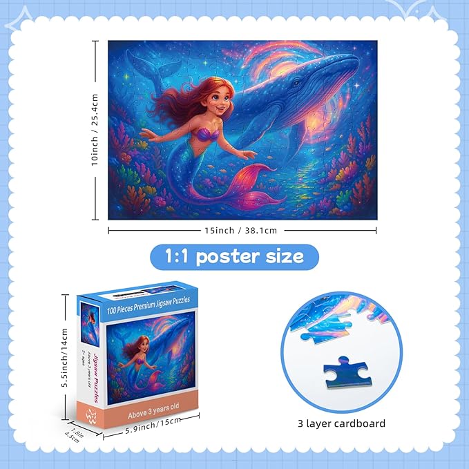 100-Piece Mermaid and Whale Jigsaw Puzzle for Kids Ages 4-6 6-8 8-10, Fantasy Underwater Puzzle with Magical Ocean Scene – Educational Toys and Birthday Gift for Girls and Boys