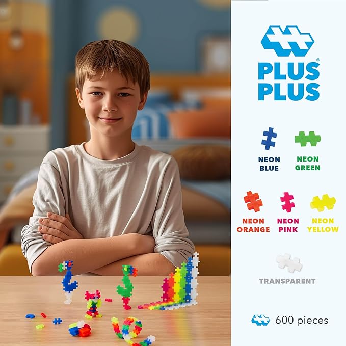 PLUS PLUS 600 Piece Interlocking Building Blocks for Kids, Open Ended Connecting Toys, STEM Bin Classroom Mini Manipulatives Play Tube - Neon Color Mix