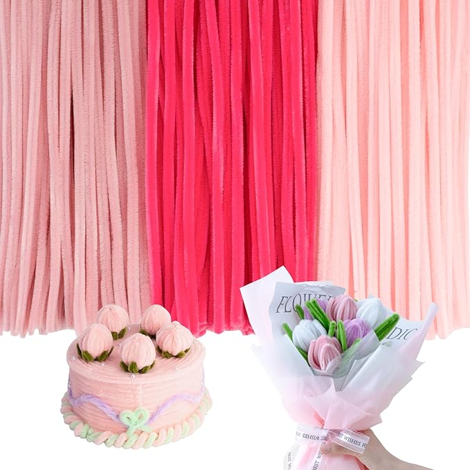 Caydo 300 Pieces Pink Pipe Cleaners, Thick Fluffy Chenille Stems, Pipe Cleaner Crafts for Arts & Crafts, Perfect for Making Animals, Flowers, and Easter Decorations