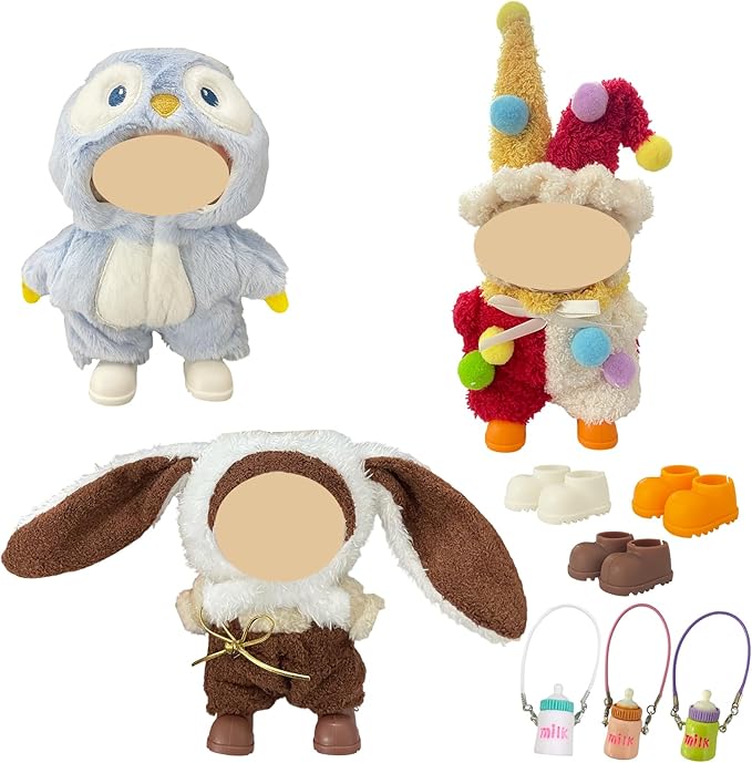 Ezcora 3PCS Animal Costume Outfits for 17cm Dolls, Include Blue Penguin, Brown Rabbit, and Festive Clown Clothes with Shoes and Mini Bottle, Cute Dress Up Accessories, (No Dolls)