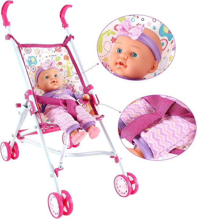 deAO Kids Baby Doll Stroller Nursery Role Play Set with a Variety of Feeding Toy and Play Mat Travel Cot Baby Carrier Stroller and Travel Bag