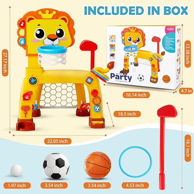 4 in 1 Toddler Basketball Hoop & Soccer Goal, Gift for Boys Girls 1 2 3 Years Old, Kids Sports Toys with Lights Sounds Music, Baby Toys for 12-18 Months, Christmas Birthday Gift for Age 1-3