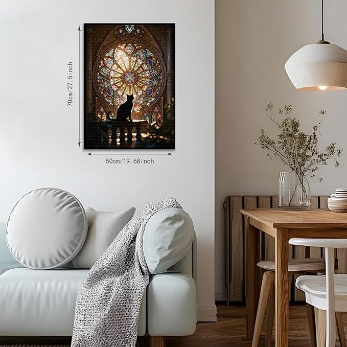 1000 Piece Jigsaw Puzzle, Black Cat Silhouette in Cathedral Stained Glass Window, Gothic Church Art Puzzles, with HD Poster, Storage Bag & Gift Box, Family Puzzle Decoration(27.56x19.7 Inch)