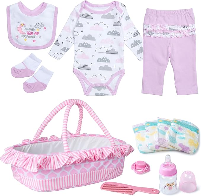 12 Pcs Reborn Baby Doll Clothes Accessories with Bassinet for 17-22 inch Newborn Babydolls Girl Reborn Dolls Accessories Pink Outfit Gift Set