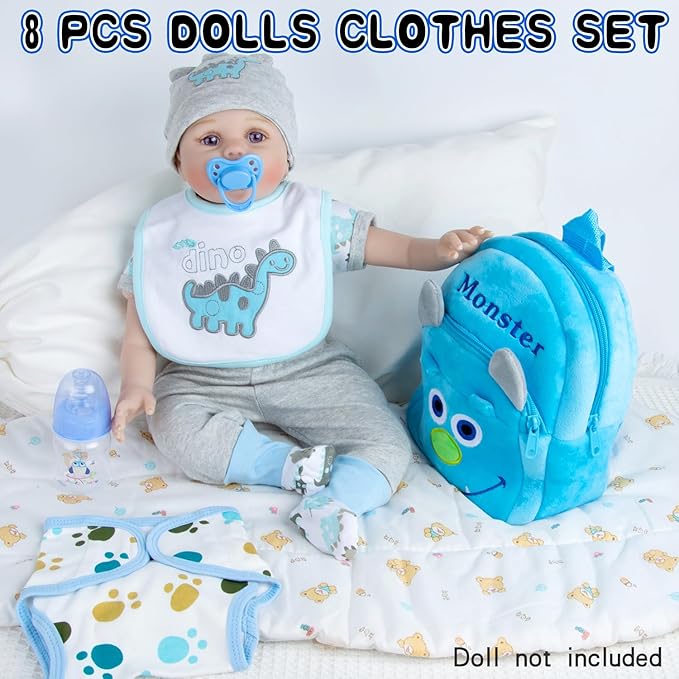 PEDOLLTREE 9 Pcs Set Reborn Baby Doll Clothes Outfit Accessories Blue Dinosaur Set for 17-22 Inch Reborn Doll Newborn Boy with Backpack Diaper