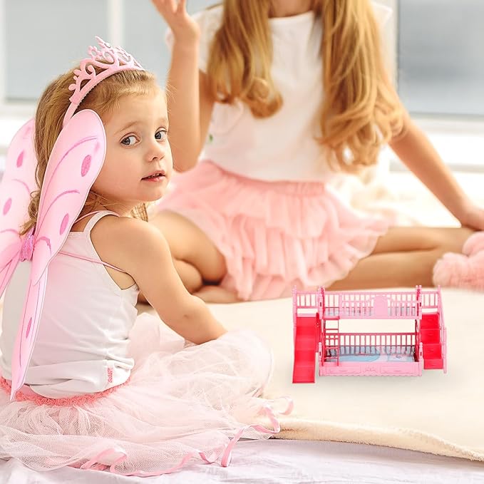 NOLITOY Miniature Bunk Bed with Slide for 6 Inch Dolls - Pink Double Deck Plastic Dollhouse Furniture Playset with Ladder & Bedding Accessories - Fits Small Dolls Figures
