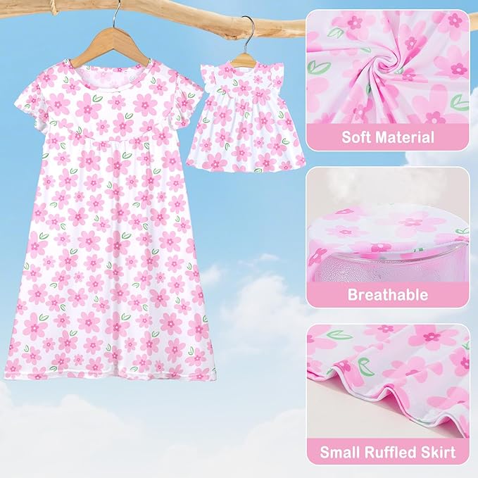 ICOSY Matching Doll & Girls Nightgowns Clothes Girls Pajamas Sleepwear Outfit for Kids and 18" Girl Doll