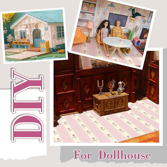 Flutesan 12 Pcs Miniature Dollhouse Wallpaper and Flooring Peel and Stick Mini DIY Self Adhesive Dollhouse Accessories 8.27 x 11.69 Inch (Pink Flower)