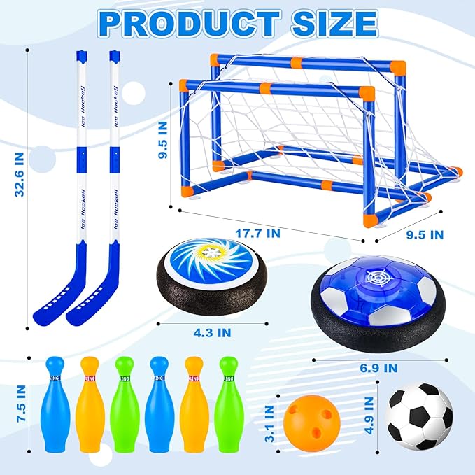 4-in-1 Hover Soccer Ball Hockey & Bowling Set, LED Air Floating Sports Toy for Indoor Outdoor Play for Kids Ages 3-12, Birthday for Boys Girls Toddlers
