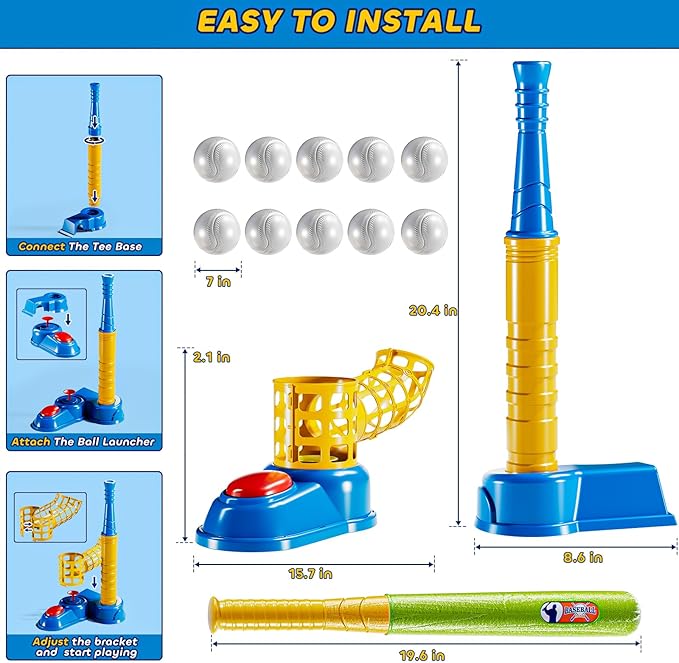 T Ball Sets for Kids 3-5, Baseball T-Ball Set with 10 Balls, Outdoor Sport Toy Games for 3-12 Year Old Boys Girls Toddlers, Training Batting Tee for Backyard and Lawn Play
