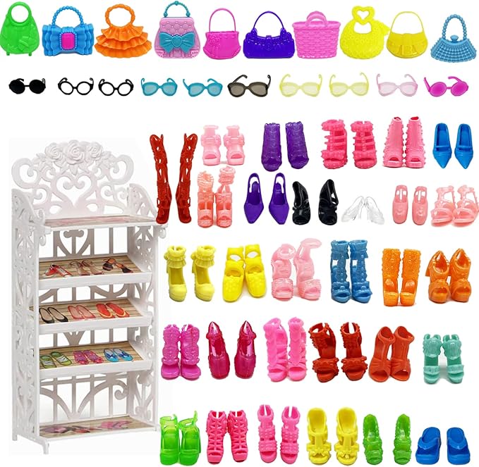 51PCS Doll Accessories + 1 Shoe Rack 30 Pairs Doll Shoes 10 Handbags 10 Glasses Replacement Fashion Playset Accessories Different Assorted Colors High Heel Boots for 11.5 Inch Girl Doll