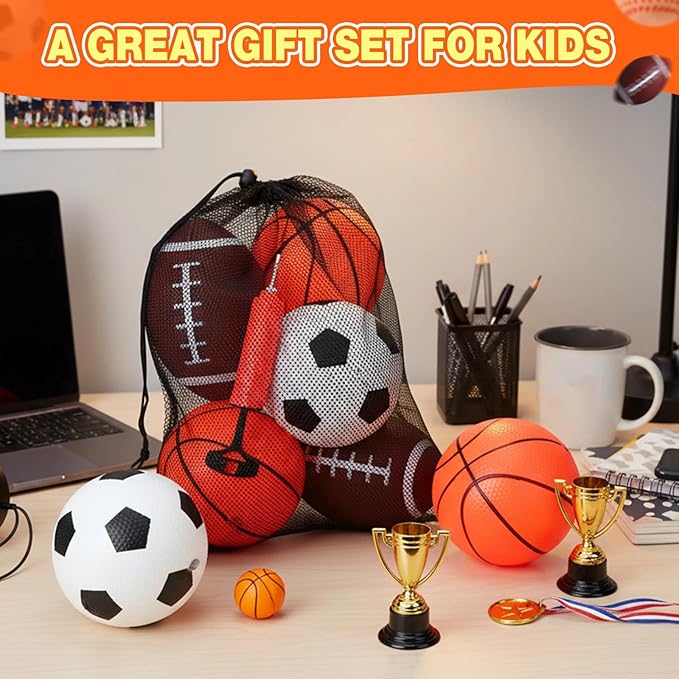18 Pack Sports Balls for Toddlers Kids Bulk Playground Balls Set 5" Soccer Ball 6.5" Football & 5" Basketball with Hand Pump and Bag Indoor Outdoor Toys Sports Gifts(6 Set)