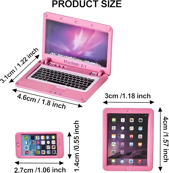1/12 Dollhouse Furniture Decor Laptop Accessories, 1/6 Scale Minature Tablet Smart Phone Mini Stuff Doll House Furniture Play Set Accessories 3 Pcs (Pink)