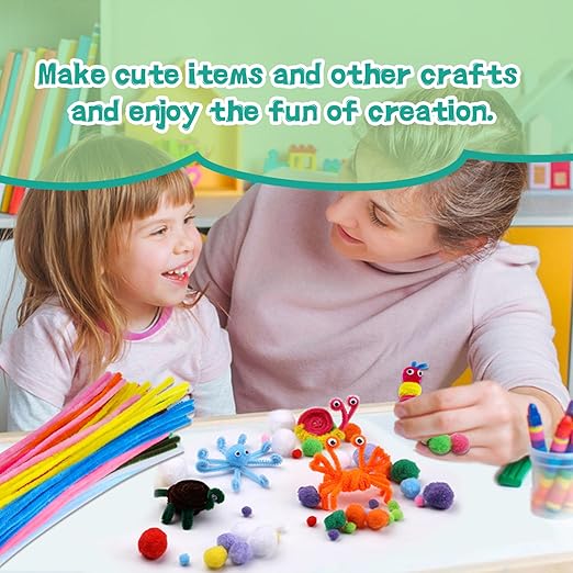 Zlulary 200 Pcs Pipe Cleaners Craft, Pipe Cleaners Chenille Stem, Pipe Cleaners for Crafts, Pipe Cleaners Craft Supplies with Instructions, Pom Poms, Pipe Cleaner Art Kits