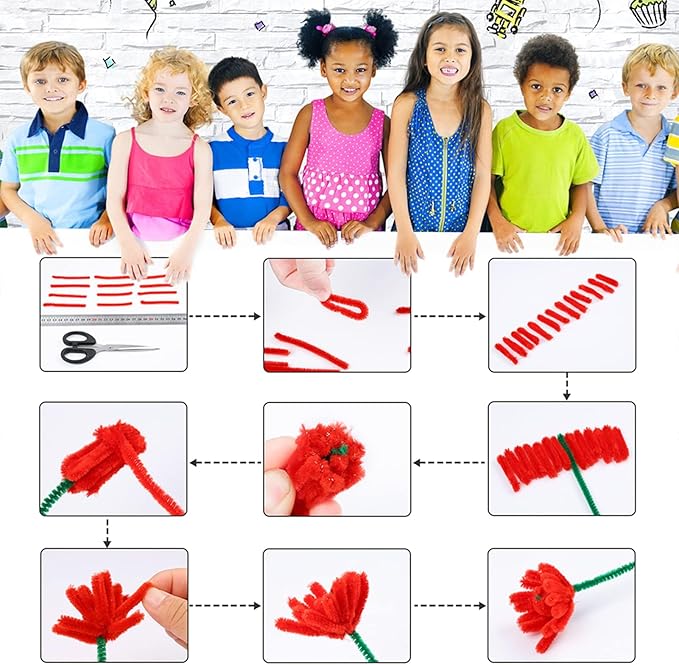 Caydo 200 Pieces Thick Red Pipe Cleaners Chenille Stems for Kids Art Creative Crafts, Valentine's Day Decorations DIY Decorations (6 mm x 12 Inch)