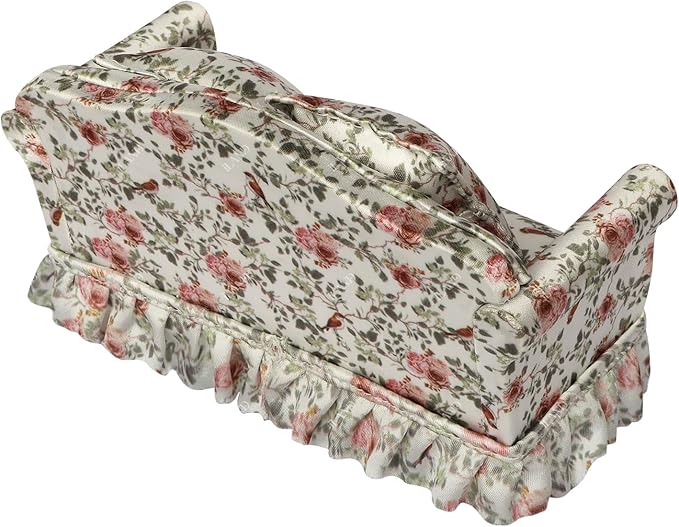 iLAND Dollhouse Furniture of Miniature Couch with Coffee Table the Beautiful Doll House Furniture Set fit 1/12 scale accessories, Elegant Rose and Birds Customized Fabric and Amazing Pleated Handiwork