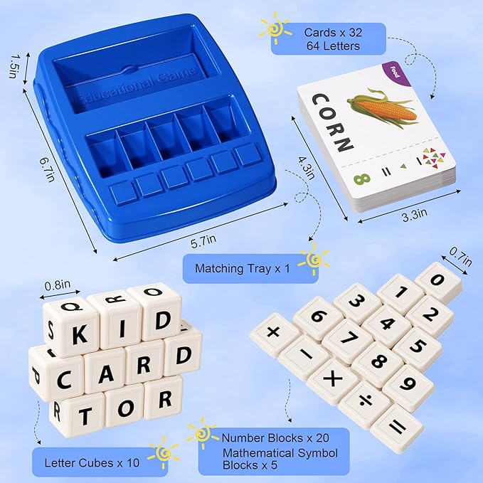 2 in 1 Kids Educational Toys, Spelling & Math Learning Game with Flash Cards Letter Cubes Number Blocks Matching Tray, Montessori Preschool Learning Toys for Toddlers Ages 3-8 Boys Girls