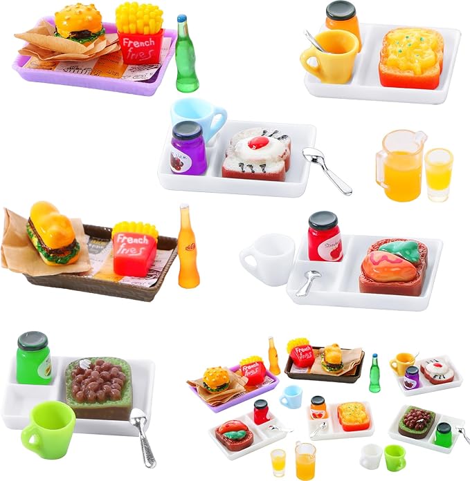 38 Pcs Miniature Food Toy Miniature Doll House Accessories Miniatures Play Sets Small Doll Food Dollhouse Foods, Hamburger Fries Soda Milk Juice Fast Foods Set for Pretend Kitchen(Cute Style)
