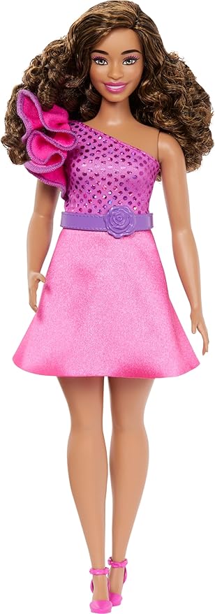 Barbie Fashionistas Doll #225, Curvy Body Type with Brown Hair, Pink Sparkly Dress & Accessories, 65th Anniversary Collectible Toy