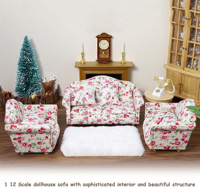 Dollhouse Couch Miniature Sofa with Pillows Dollhouse Living Room Funiture 1:12 Scale Model 3 Pcs High Simulation Upholstered Wooden Fabric Armchair Mini Room Artificial House Scene Decoration (Rose)