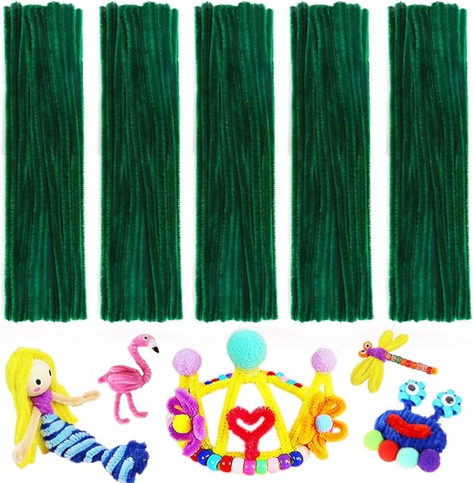 Bundooraking 200pcs Dark Green Pipe Cleaners for Craft, 12in Soft & Flexible Chenille Stems for Arts and Crafts, DIY Projects, Decorations