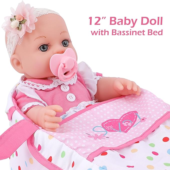 DONTNO 12 Inch Baby Doll with Bassinet Bed,Reborn Alive Doll Includes Clothes and Accessories,Bottles,Nipple,Diaper,Burp Cloth,First Baby Dolls for Toddlers 36 Months and Up