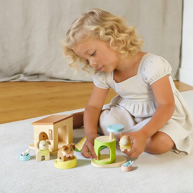 Tiny Land Wooden Dollhouse Animal Set for Toddlers, Dollhouse Accessories & Dolls House Furniture Sets for Toddlers, Montessori Pretend Play Family Pets Set Toys, Gift for Kids Age 3+