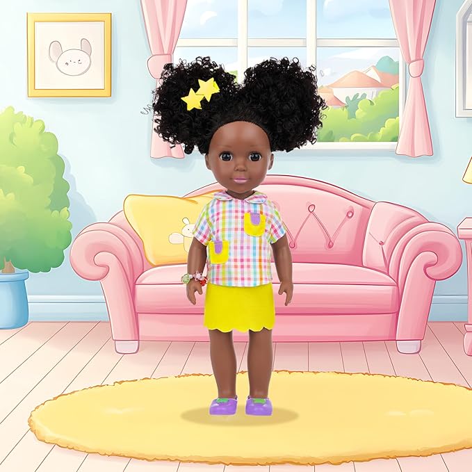 Ecore Fun 14.5 Inch Black Baby Doll, 12 Pcs Black Doll Clothes and Accessories, African Washable Realistic Silicone Girl Dolls Include Doll Clothes Shoes Phone Glasses Camera Hairpin Bracelet Stickers