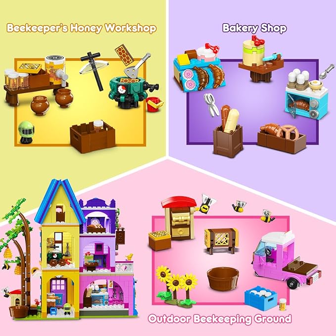 HOGOKIDS Beekeeping & Bakery House Building Toy with LED Light - 1084PCS Friends Girls Baking Building Set with Honey Workshop, Pretend Play Birthday for Kid Girls Boys Ages 8-12+ Years